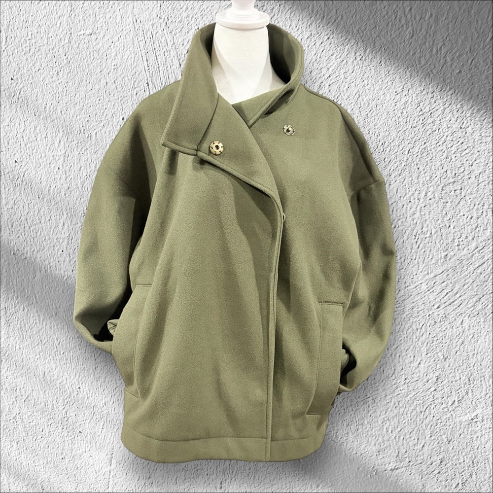 Banana Republic Melton Moto Jacket Camo‎ Green Women’s M Oversized Funnel Neck - Picture 3 of 11